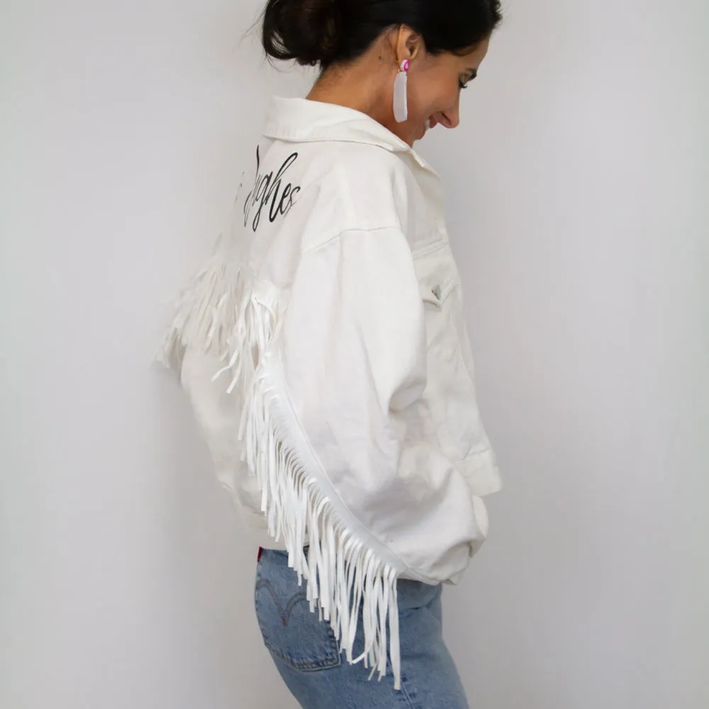 (White Fringe) Personalized Bridal White Fringe Denim Jacket