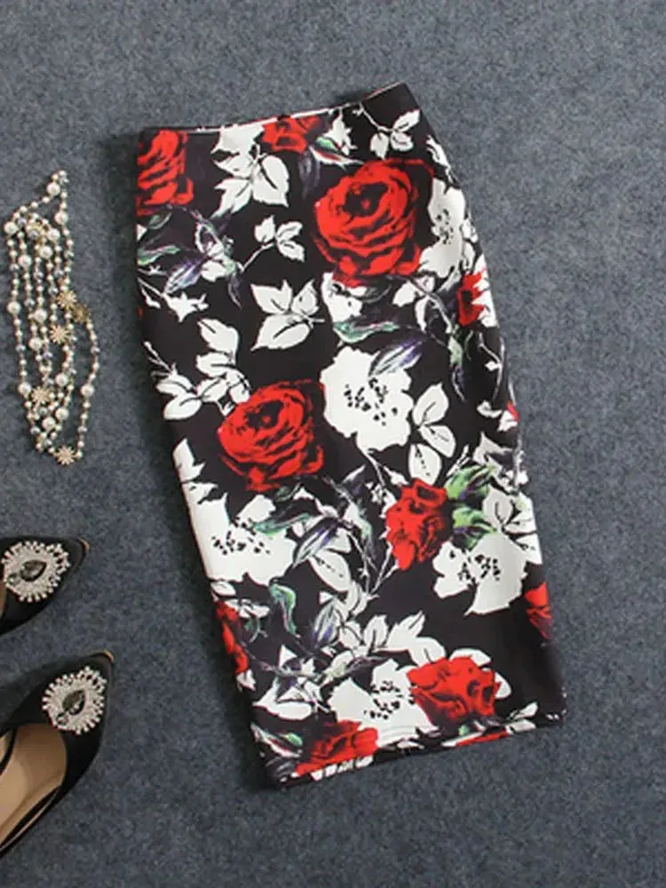 Women Vintage Skirts Flower Printing High Waist Bodycon Slim Midi Split Sexy Pencil Female Falda 24 Patterns SP524