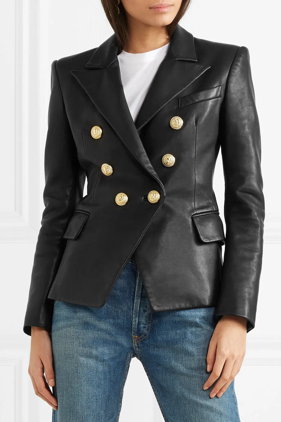 Women's Elegant Double Breasted Leather Blazer WB02