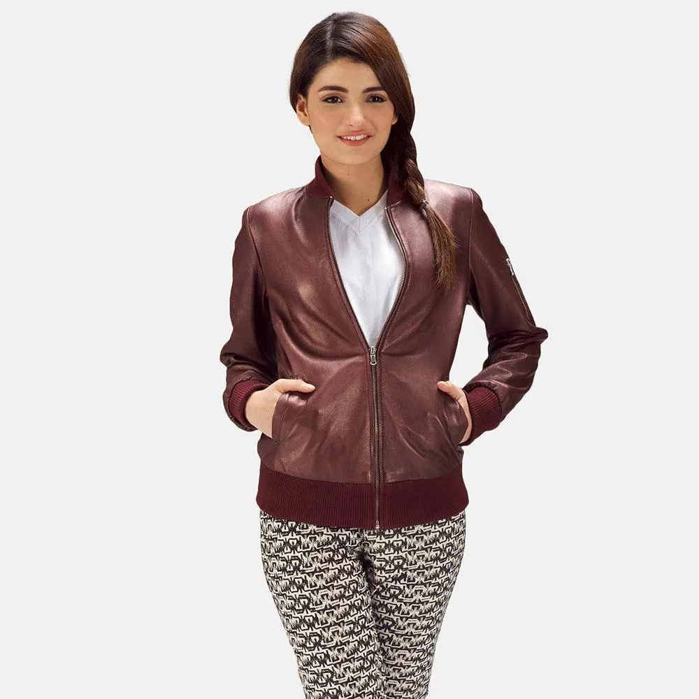 Womens Reida Maroon Leather Bomber Jacket