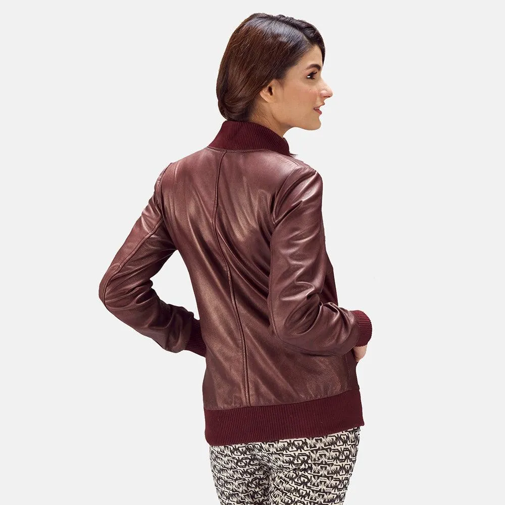 Womens Reida Maroon Leather Bomber Jacket