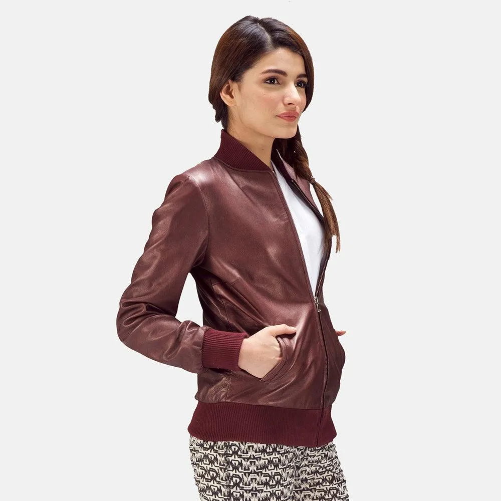 Womens Reida Maroon Leather Bomber Jacket