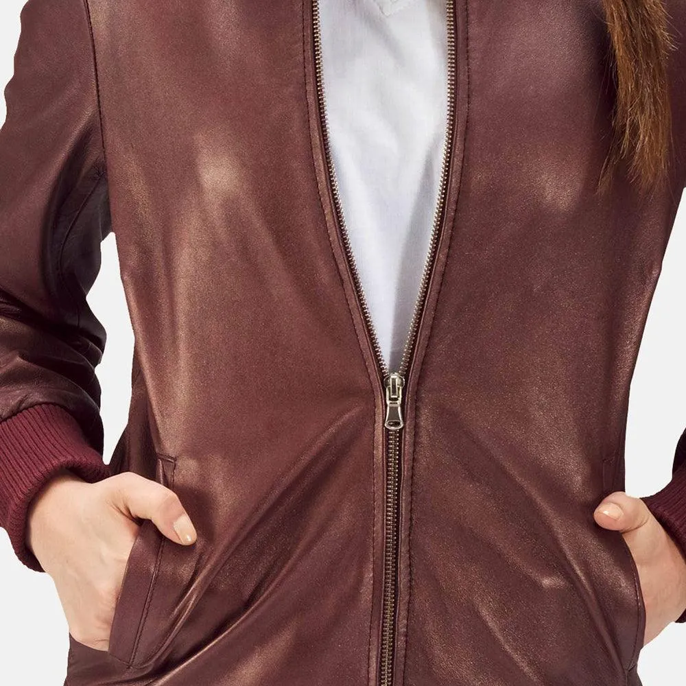 Womens Reida Maroon Leather Bomber Jacket