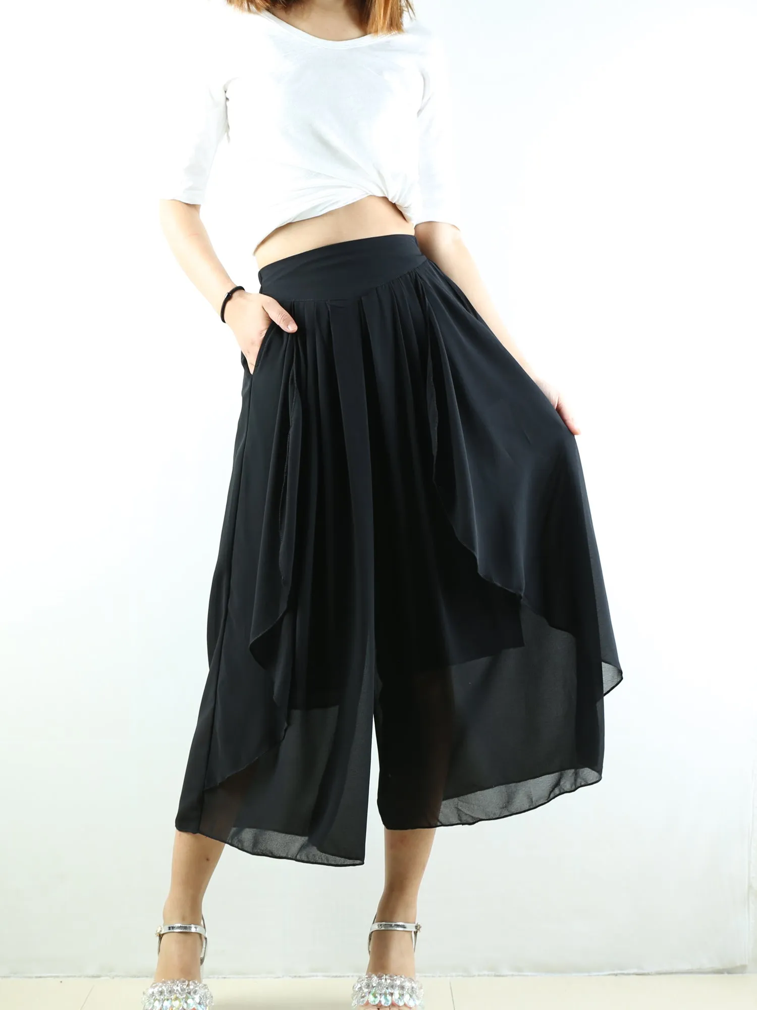 Women's wide leg trousers/chiffon yoga skirt pants/oversized pants/elastic waist pants(K1710)