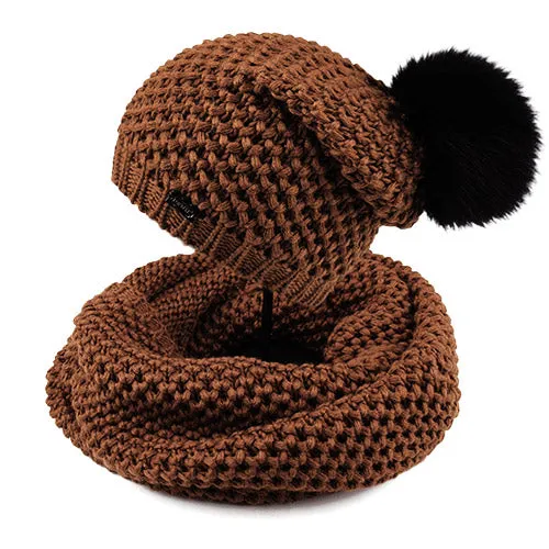 Wool Infinity Scarf Real Fox Fur Pom Pom Casual Warm Knitted Winter Beanie