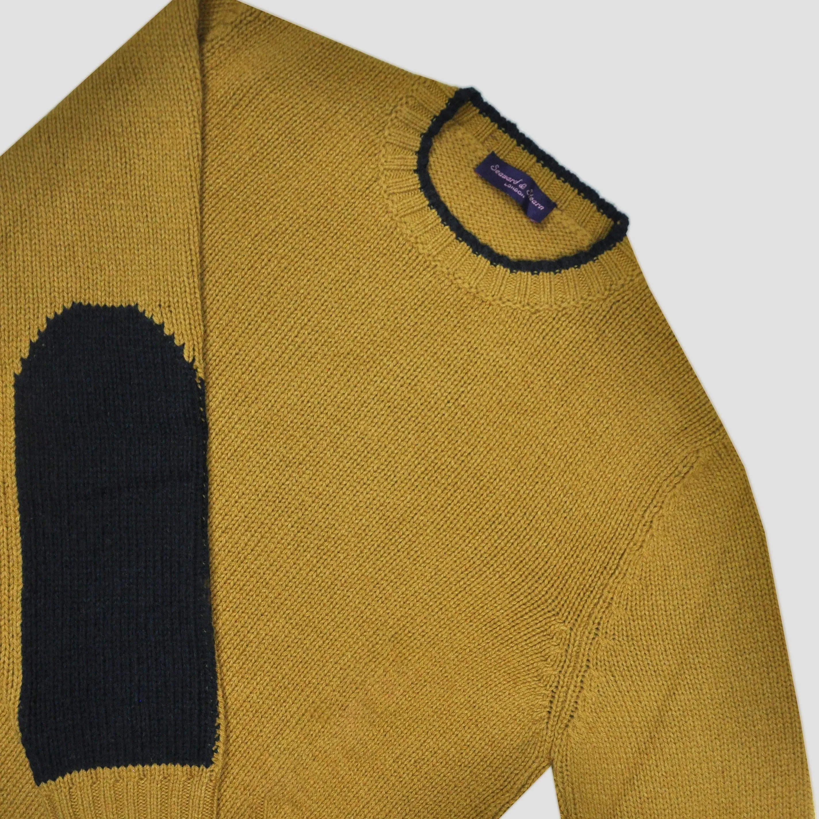 Yak's Wool Crew Neck Jumper in English Mustard with Midnight Blue Trim