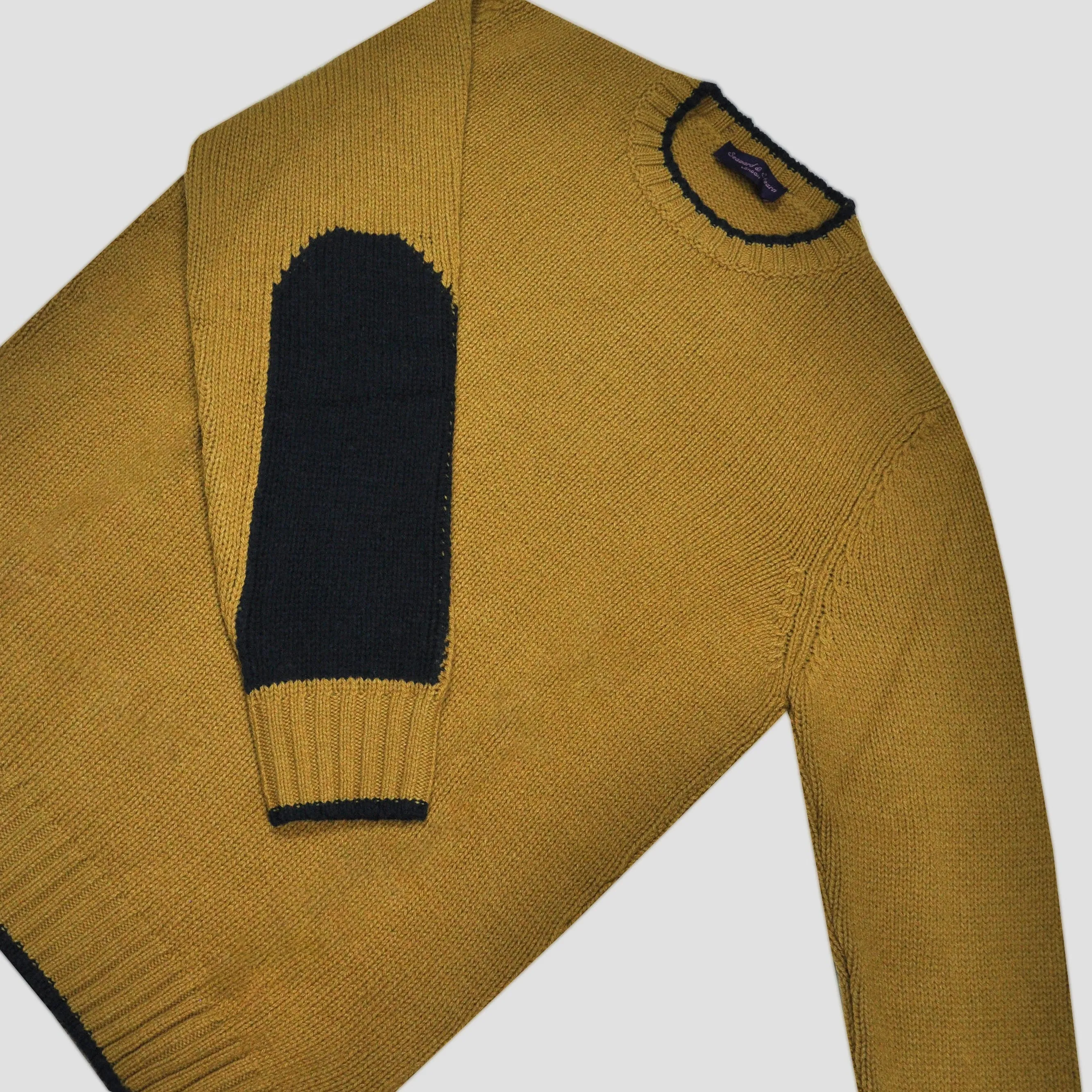 Yak's Wool Crew Neck Jumper in English Mustard with Midnight Blue Trim