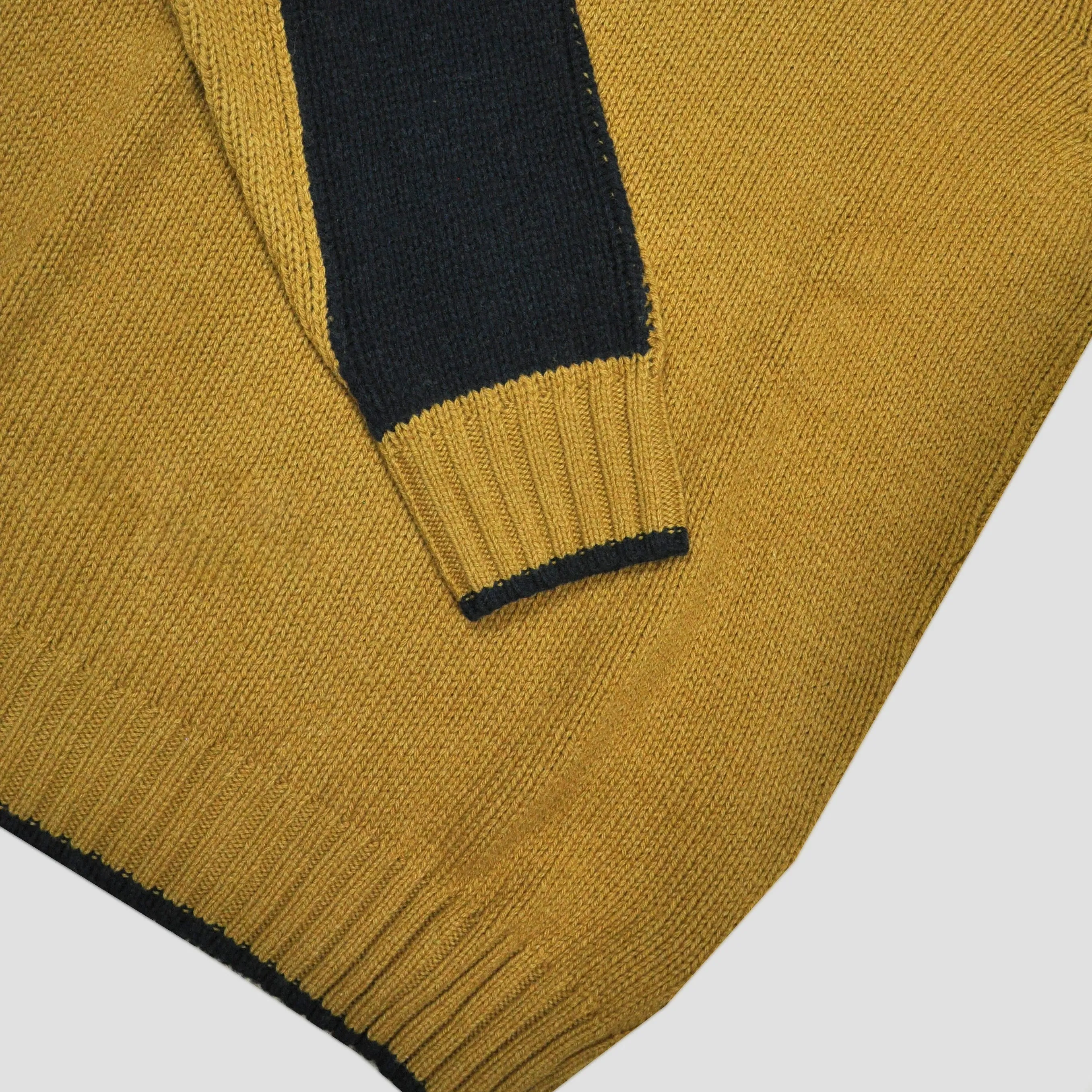 Yak's Wool Crew Neck Jumper in English Mustard with Midnight Blue Trim