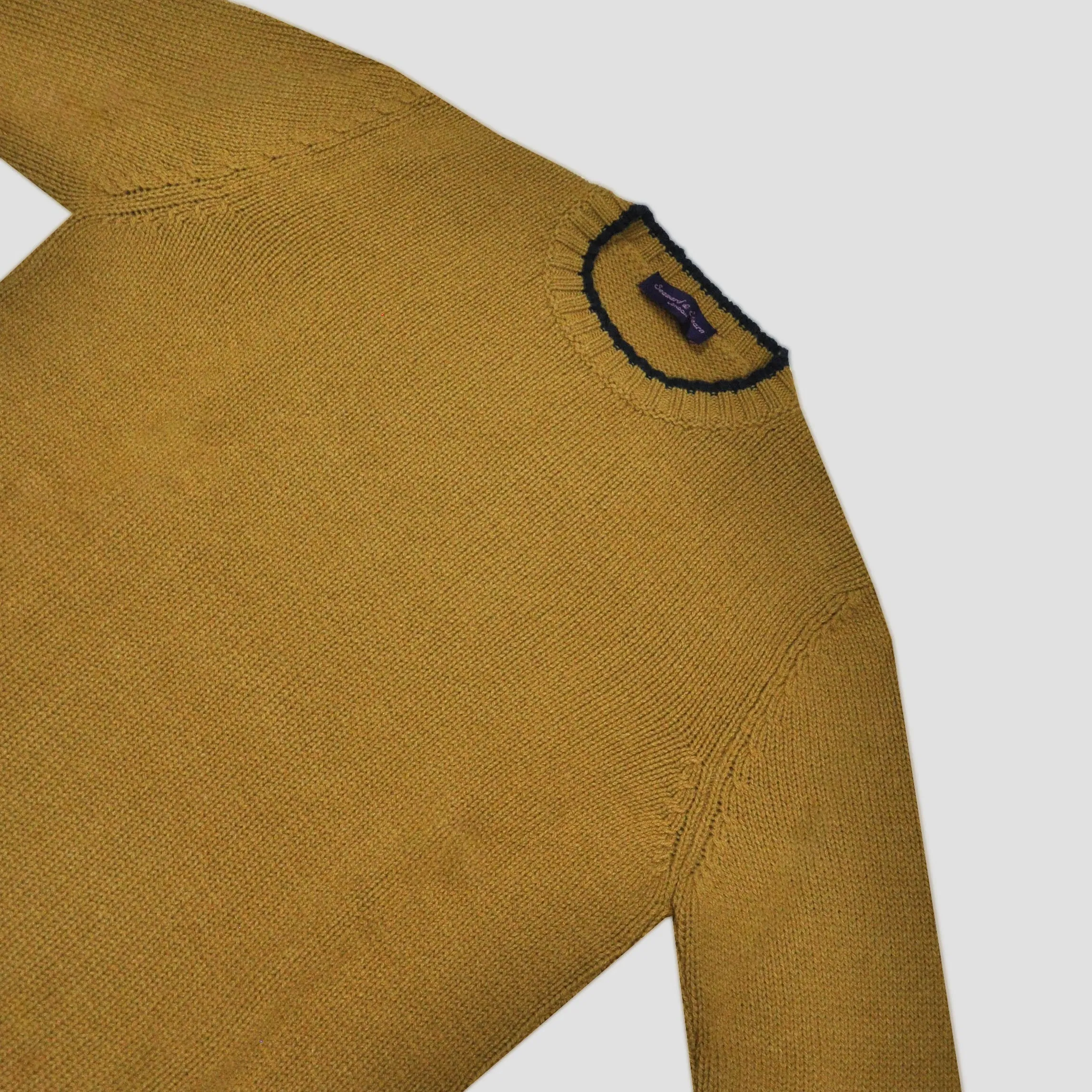 Yak's Wool Crew Neck Jumper in English Mustard with Midnight Blue Trim