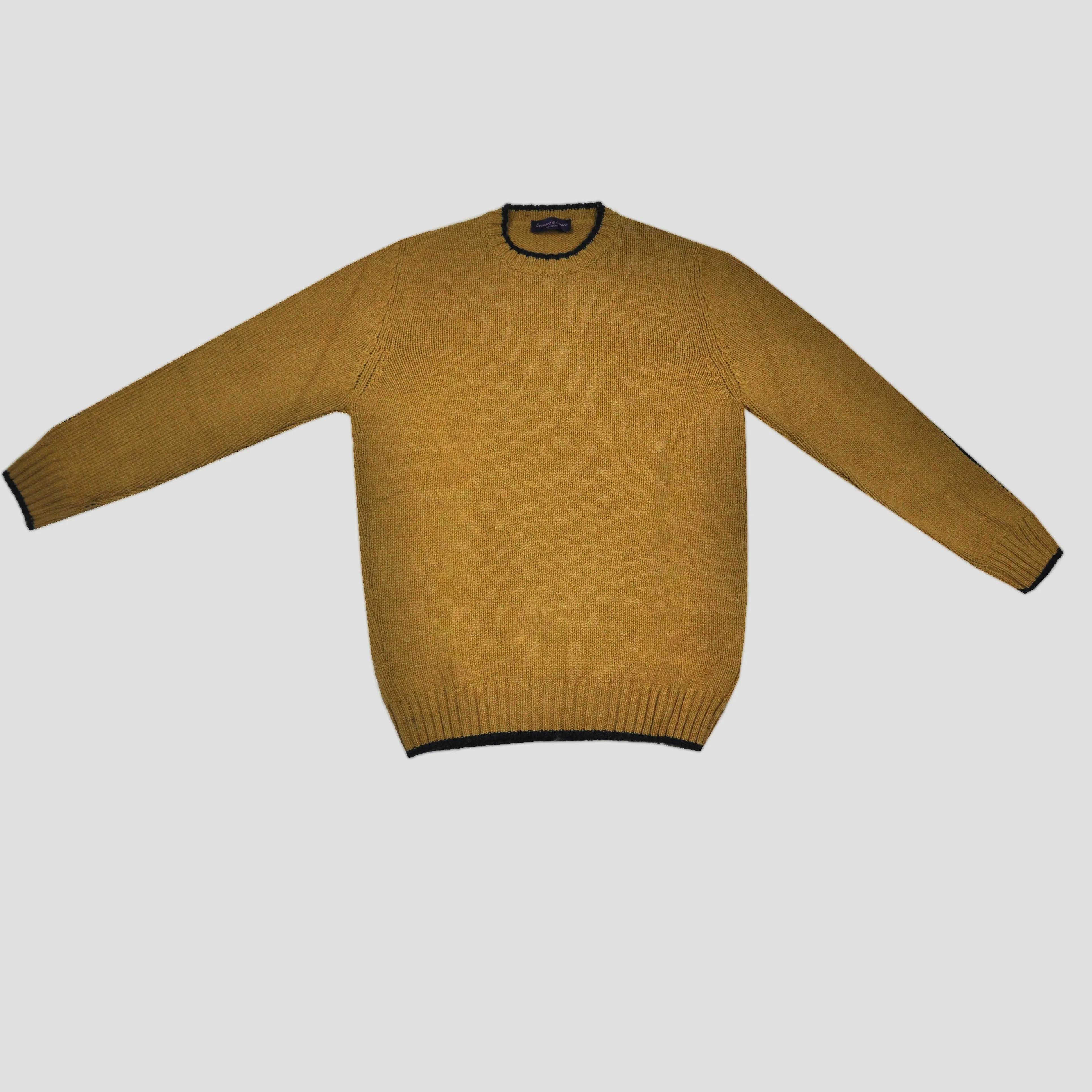 Yak's Wool Crew Neck Jumper in English Mustard with Midnight Blue Trim