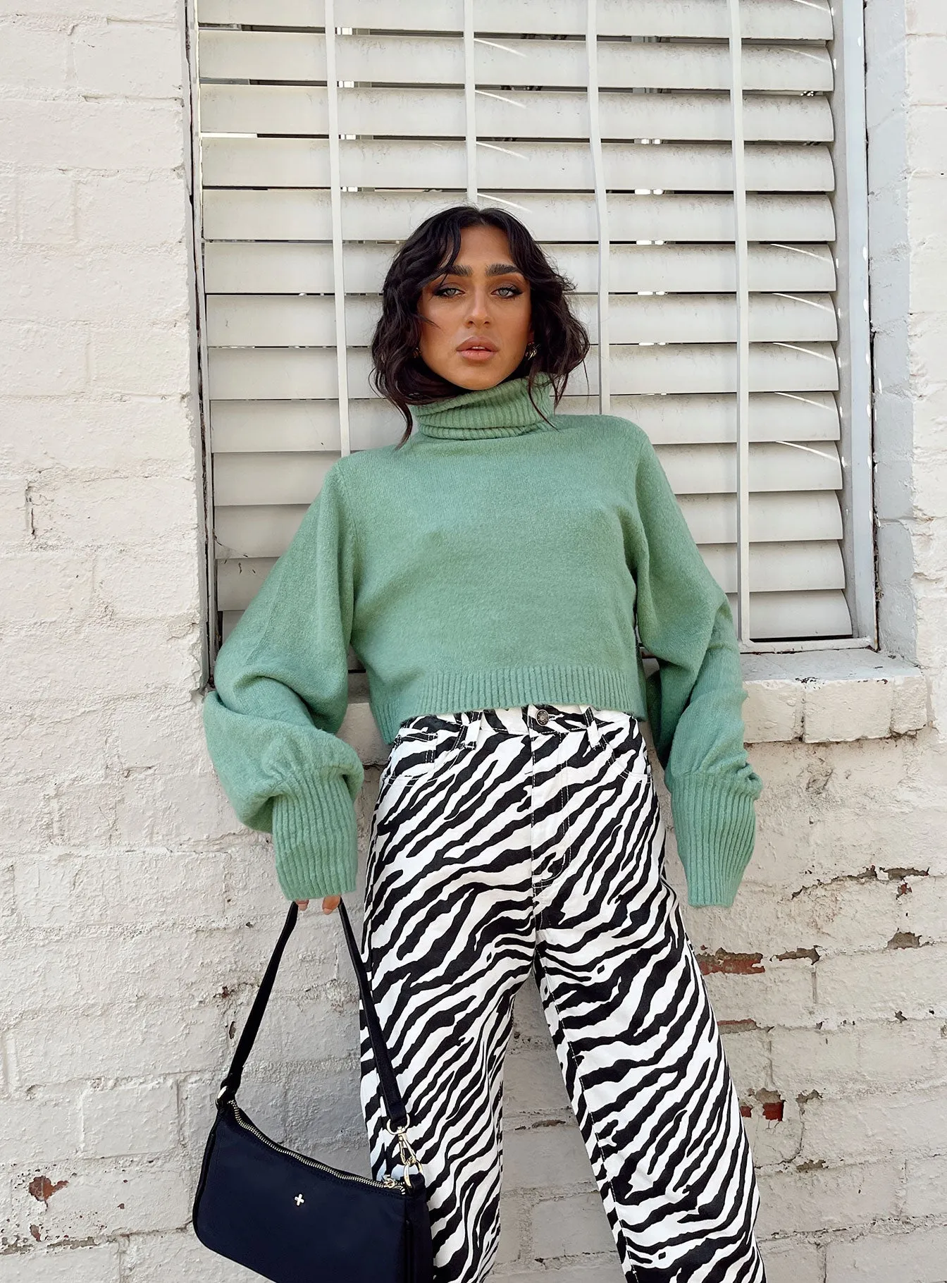 Zahara Cropped Turtleneck Sweater Green Petite